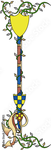 Flat design staff is being shown with checkered shields and green vines on transparent background