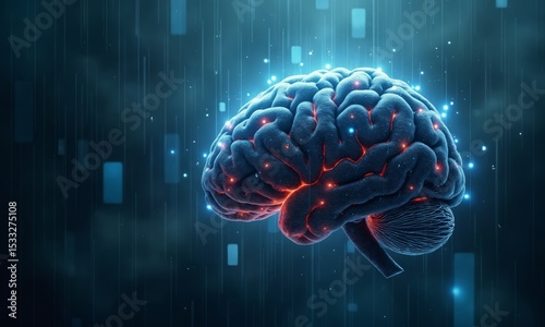 Wallpaper Mural A cybernetic brain with pulsating nodes, floating amidst a storm of binary rain and shield projections. Torontodigital.ca