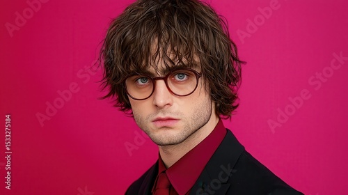 Young Man in Dark Suit and Red Glasses Against Pink Background