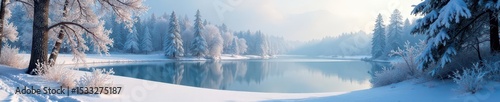 Snow covered woodland scene with frosty trees and serene lake, trees, whiteout