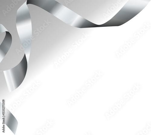 Silver metallic curling ribbon is floating on transparent background in 3D, showing shiny curves