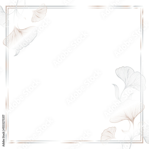 Flat design frame is showing rose-gold gradient, leaf clusters on transparent backdrop, copy space