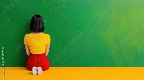 Young Woman in Yellow and Red Contemplating Against Green Textured Wall