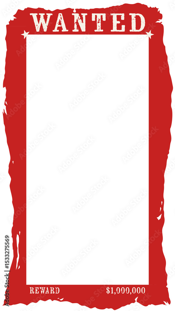 Naklejka premium Flat style showing red WANTED poster frame stars, REWARD $1000000 bottom transparent copy space