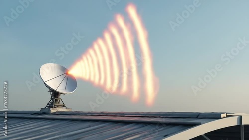 A large satellite dish stands tall on a rooftop under a clear sky. Clean delivery – no audio, full creative freedom.