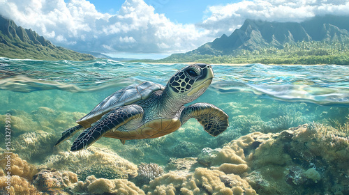 A sea turtle swims through clear, shallow water.