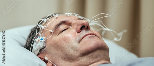 Fototapeta Man undergoing sleep study with electrodes applied