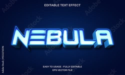 Nebula text, editable text effect template, 3d bold futuristic blue shiny neon light typeface