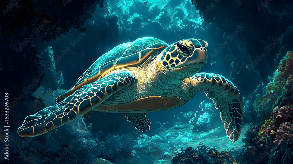 Fototapeta premium Sea turtle swimming in a coral reef.
