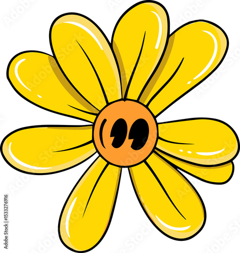 Fototapeta Naklejka Na Ścianę i Meble -  Cartoon flower is showing eight yellow petals around orange core with eyes on transparent backdrop