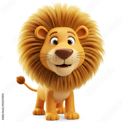 Cartoonish 3D lion with a golden mane and a warm smile, combining majesty and playfulness on a white background.