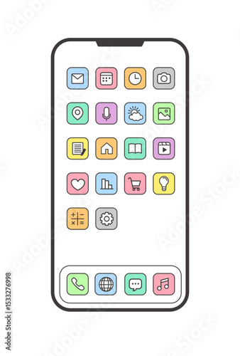 Smartphone App Icons on Home Screen – Minimal Line Art Vector UI	
