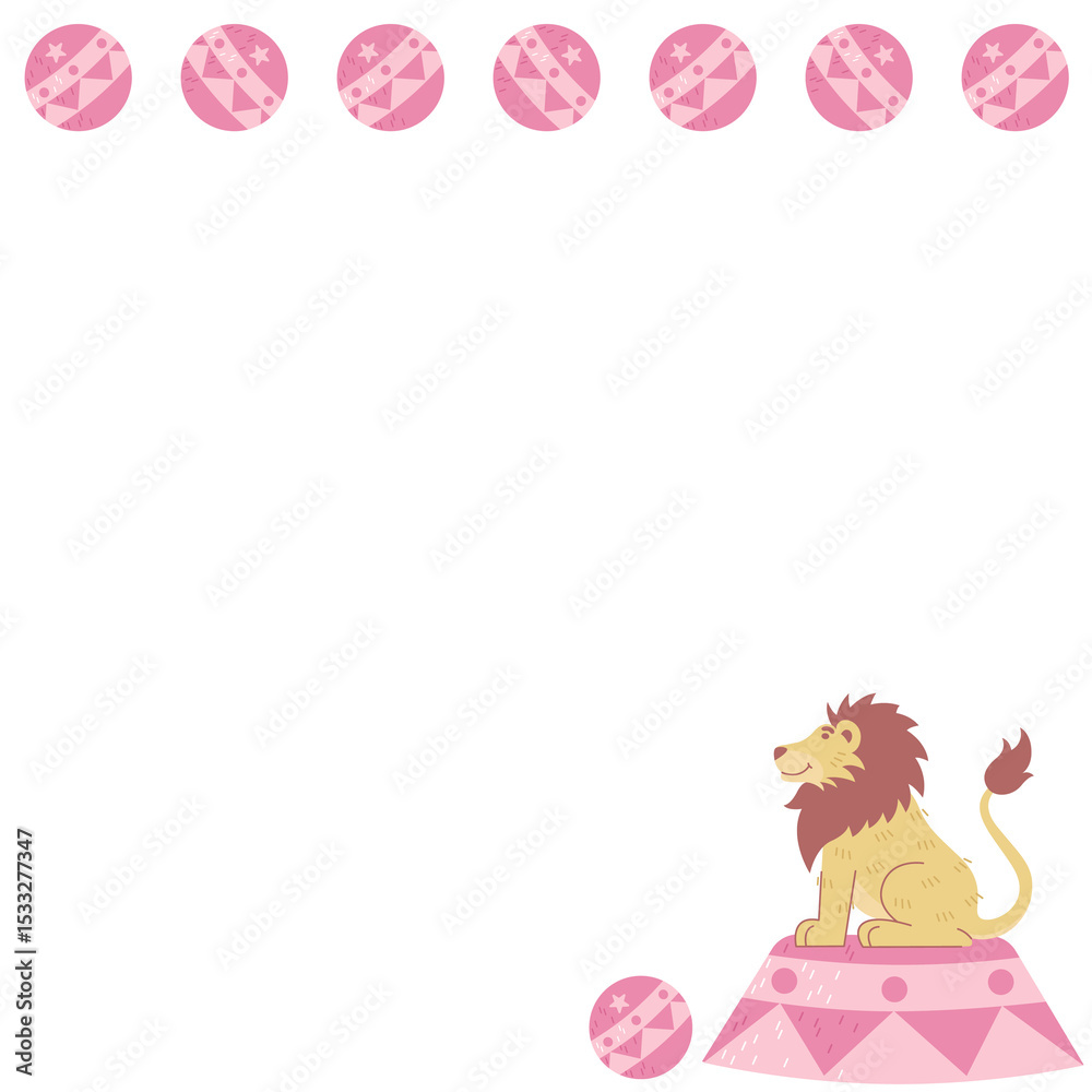 Obraz premium Flat design lion perching on pedestal showing seven pink tokens on transparent canvas, copy space
