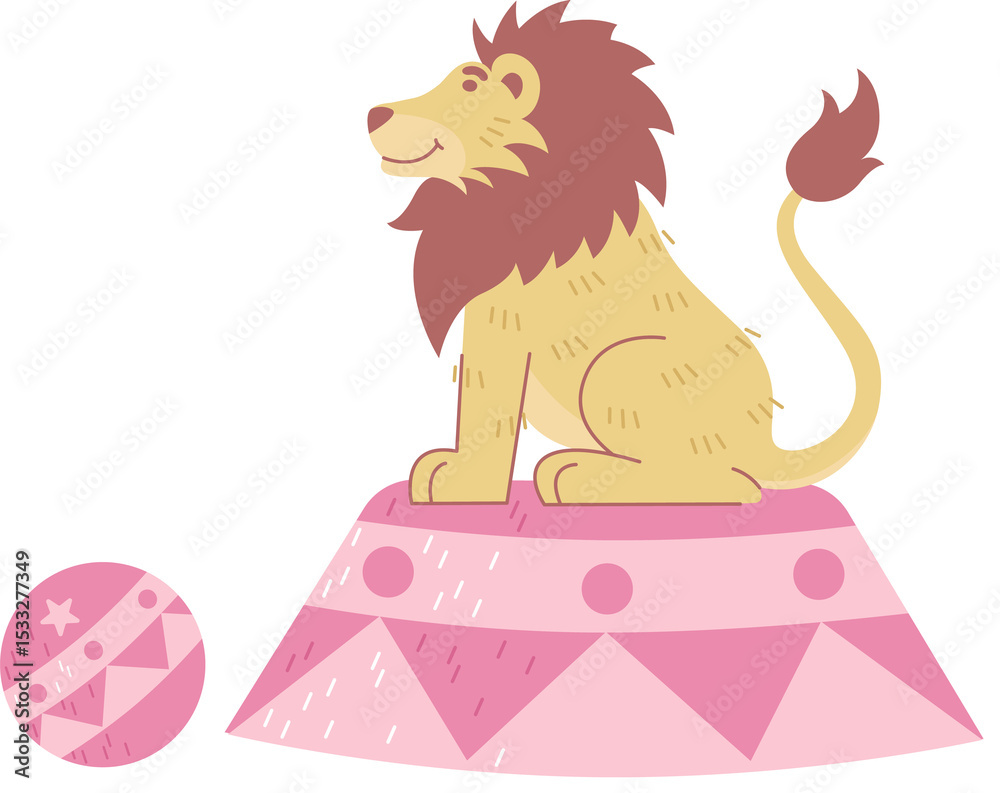 Naklejka premium Stylized cartoon lion is sitting on pink platform with patterned ball, transparent background