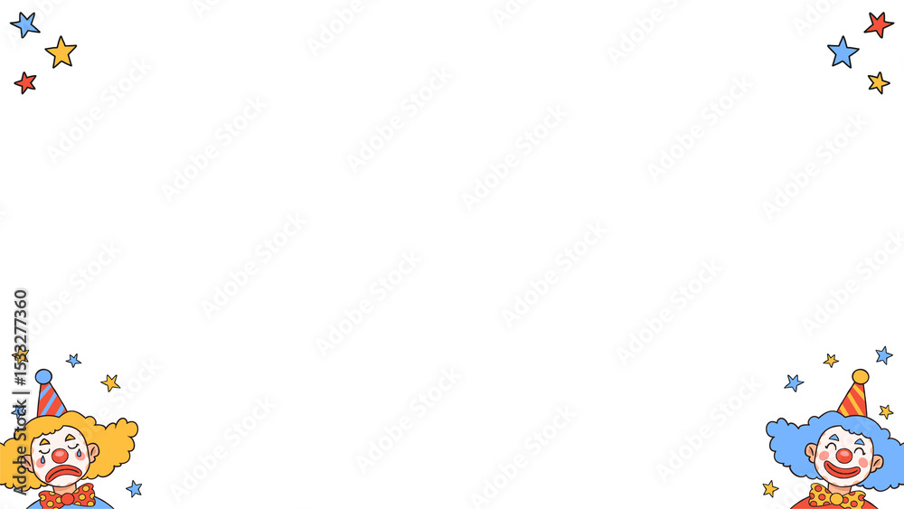 Fototapeta premium Vector clown border is showcasing cartoon stars and two clowns on transparent canvas, copy space