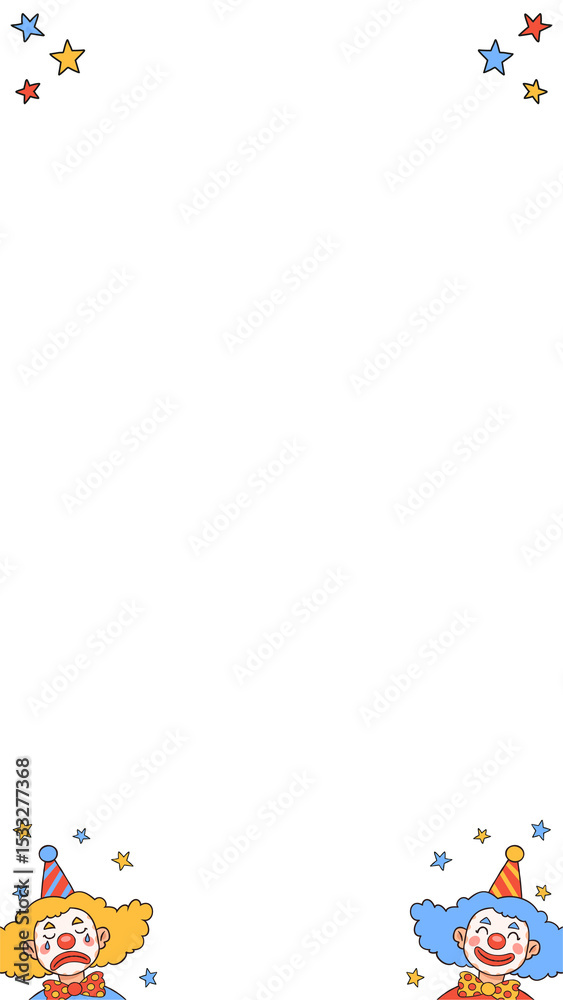 Naklejka premium Clown heads showing frowning, smiling at bottom with striped hats, stars, transparent, copy space