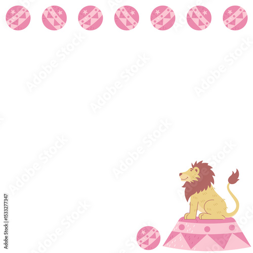 Fototapeta Naklejka Na Ścianę i Meble -  Flat design lion perching on pedestal showing seven pink tokens on transparent canvas, copy space