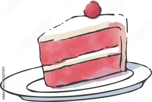 Slice of red velvet cake is sitting in watercolor art with transparent background, plate and cherry