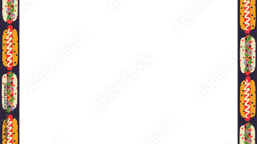Cartoon hot dog icons are forming decorative border on transparent background, copy space