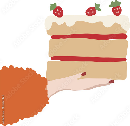 flat design is showing strawberry cake held by hand with jam filling on transparent background