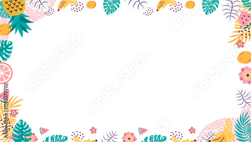 Flat design tropical border is showing pineapple and foliage on transparent background, copy space