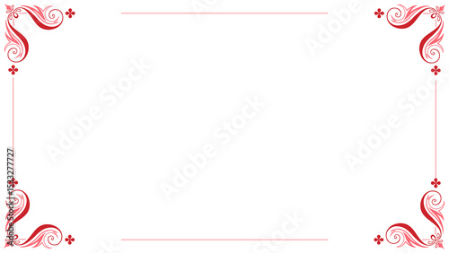Ornamental red border is being shown in flat design, with corner flourishes, transparent background