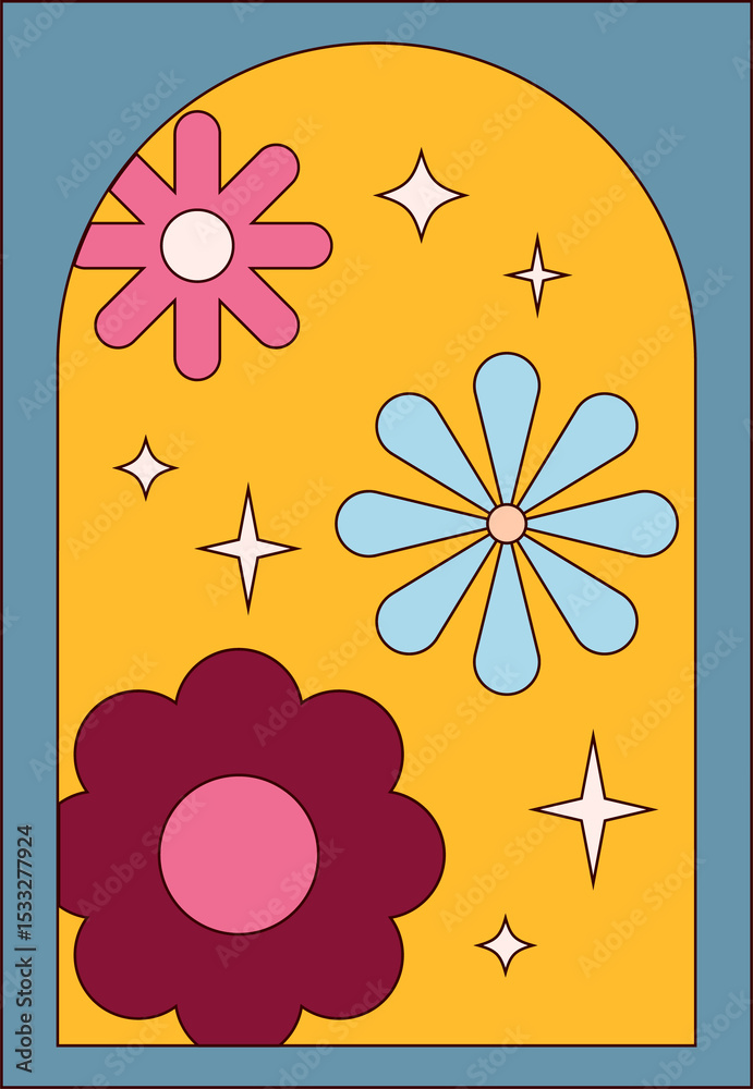 Fototapeta premium Abstract flat design showing yellow arch with flowers, stars on transparent background, copy space