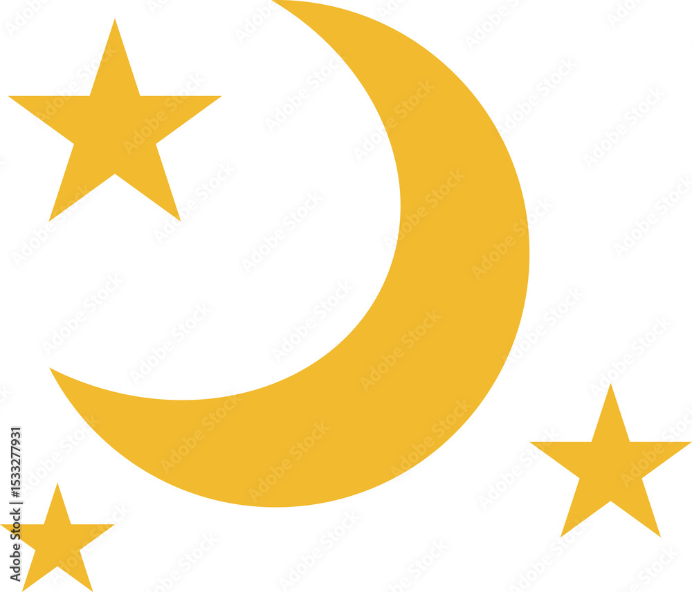 Fototapeta premium Crescent moon and stars are floating on transparent background in flat vector style, glowing yellow