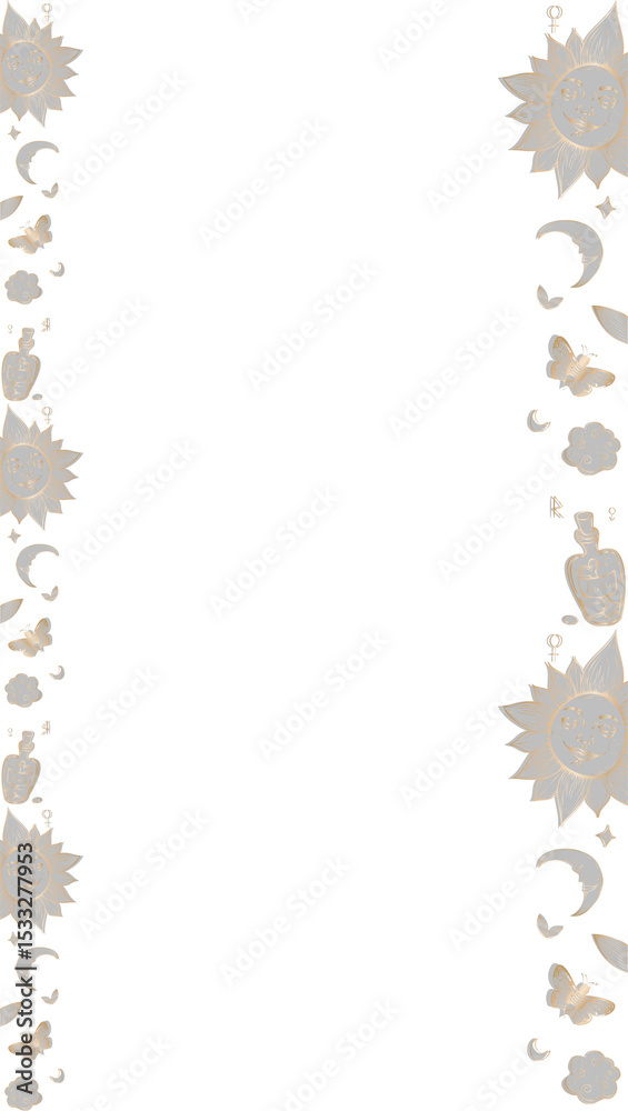 Fototapeta premium Hand-drawn mystical border frame is floating on transparent background with sun faces, moons, stars