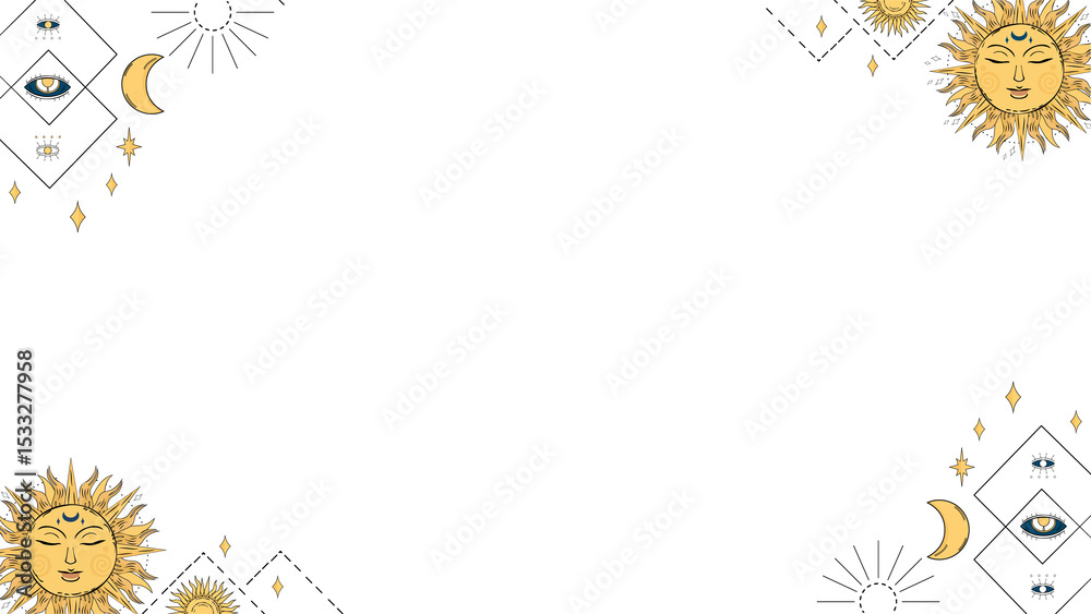 Fototapeta premium Celestial border is showcasing sun faces, moons, stars and eye motifs on transparent, copy space