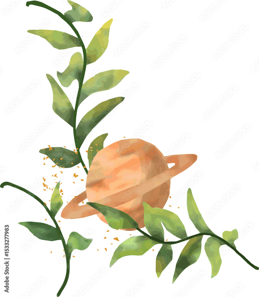 Naklejka premium Watercolor-style design is featuring ringed planet entwining green vines on transparent background