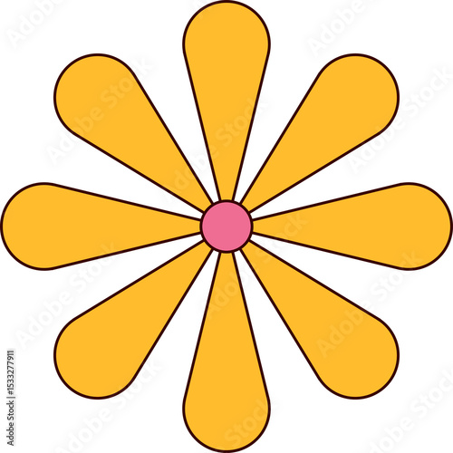 Flower in flat design is floating on transparent layer featuring pink center, yellow-orange petals
