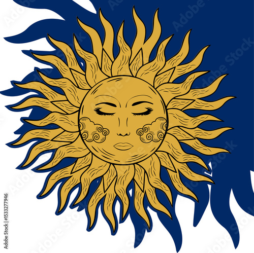 Flat illustration showing golden sun with calm face, swirling rays, shadow, transparent background