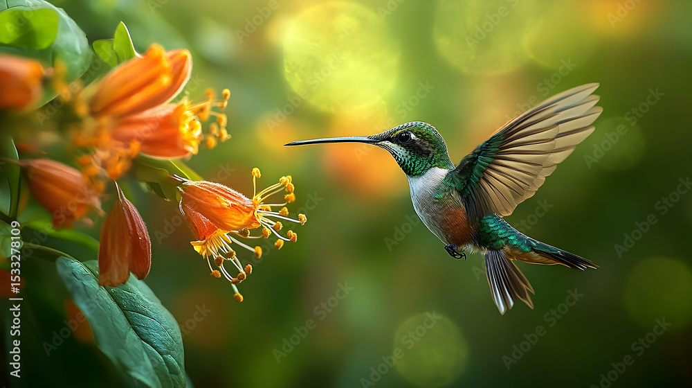 Fototapeta premium A hummingbird hovers near vibrant orange flowers.