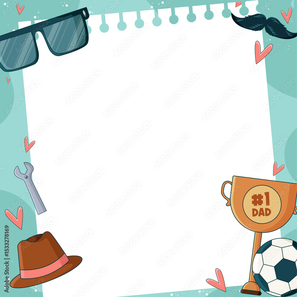 Obraz premium Flat design Fathers day torn-page frame showing glasses and trophy on transparent, copy space