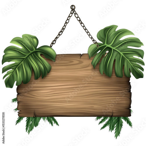 Hanging wooden sign with tropical leaves (1)