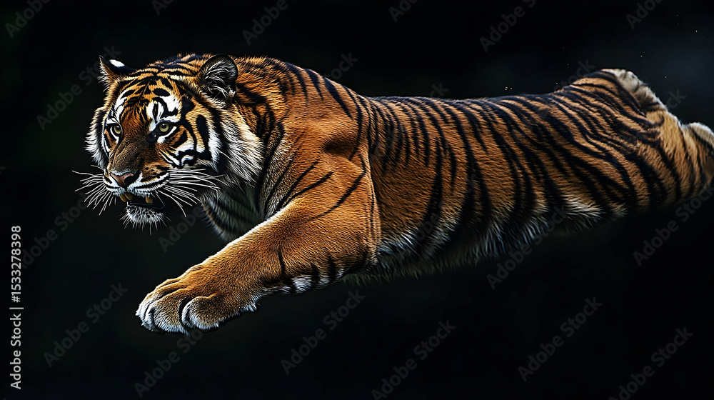 Obraz premium A tiger in mid-leap against a dark background.