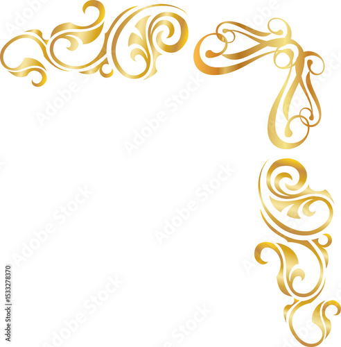 Ornamental golden filigree corner flourish is gleaming in flat design on transparent background