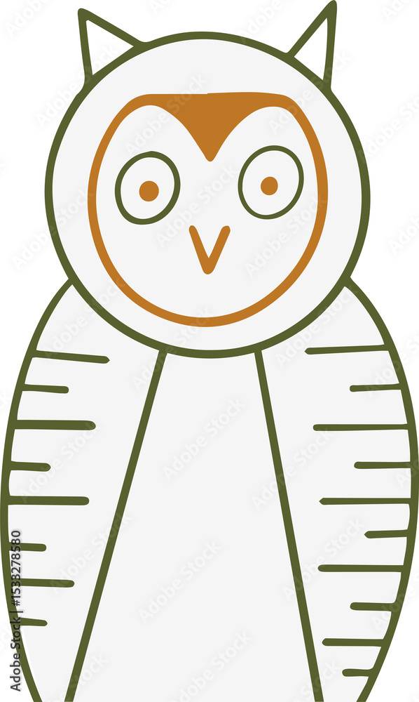 Fototapeta premium Minimalist flat design owl is showing green outline and striped wings, transparent background
