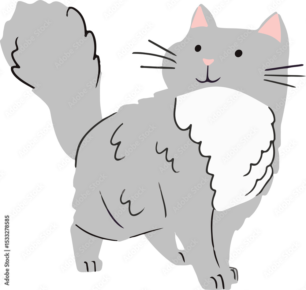 Obraz premium Grey cat is standing angled with fluffy tail in cartoon style on transparent background, copy space