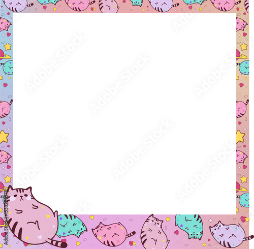 Fototapeta Naklejka Na Ścianę i Meble -  Cat border is showing flat design pastel cats, hearts, stars and planets on transparent canvas
