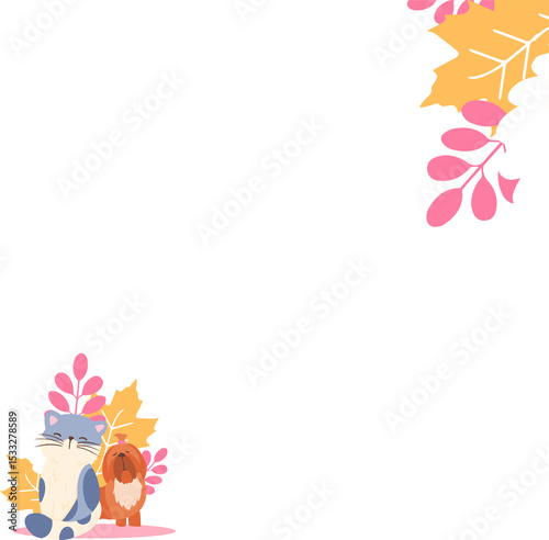 Stylized cartoon cat and dog are sitting among autumn leaves in flat artwork on transparent canvas