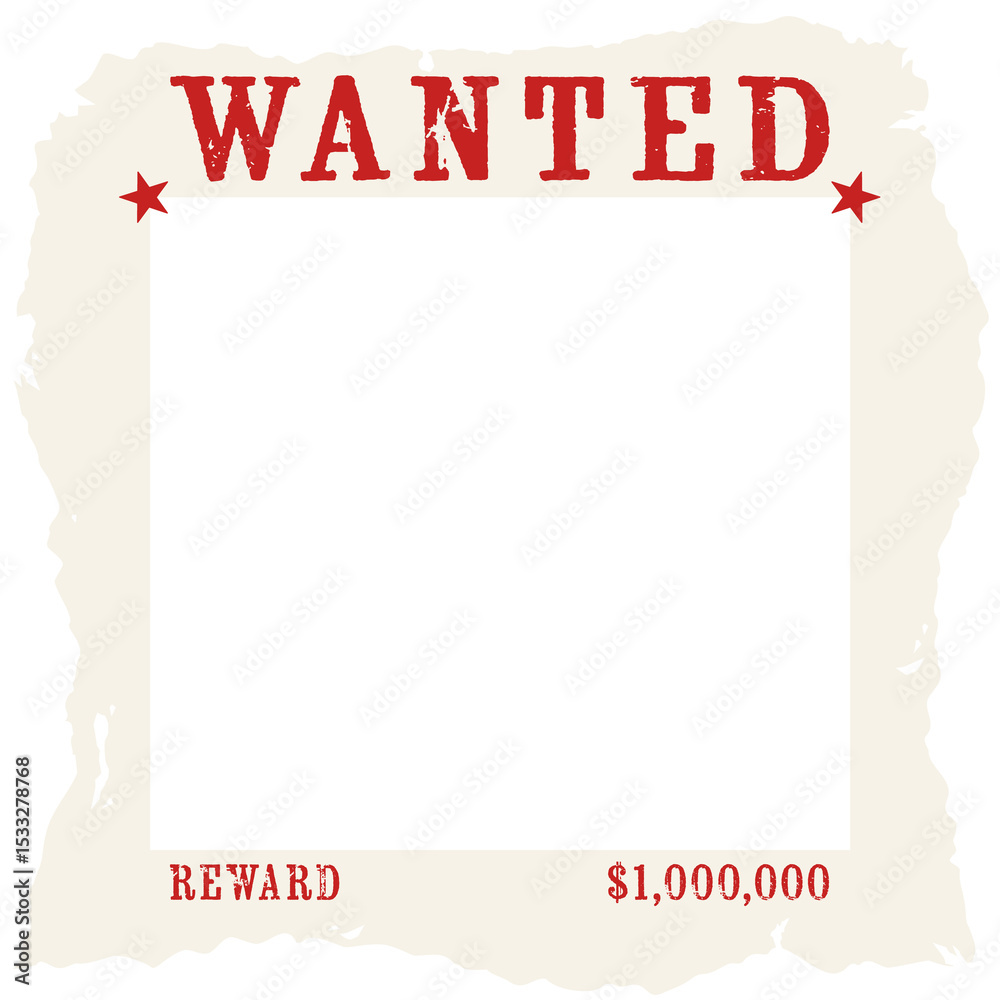 Fototapeta premium Vector WANTED poster is showing torn edges, red stars, $1M reward, slot, transparent background