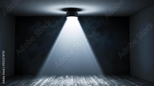 Dramatic spotlight illuminates empty room with wood floor and dark walls, casting light on a stage concept.