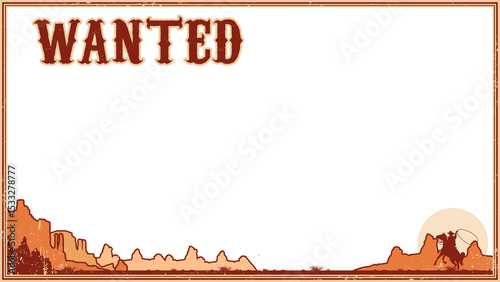 Showing stylized wanted poster with transparent fill cowboy swinging lasso over mesas, copy space