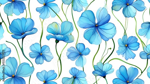 Elegant Watercolor Blue Flowers Seamless Pattern Botanical Illustration