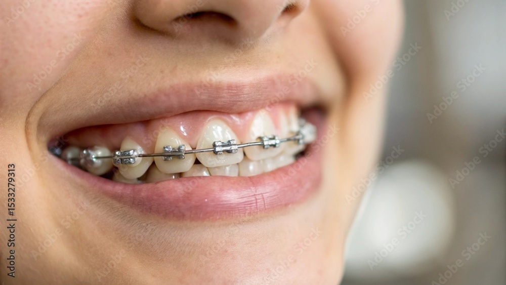 Fototapeta premium Close Up of Misaligned Teeth with Braces Applied for Orthodontic Treatment
