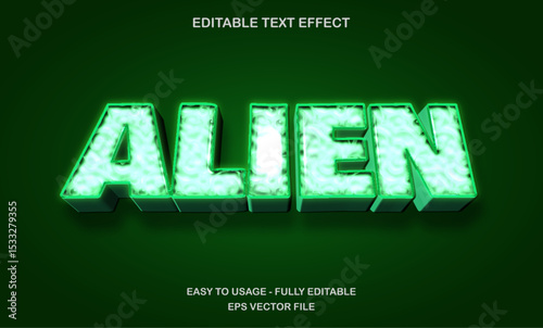 Alien text, editable text effect template, 3d bold futuristic green shiny neon light typeface
