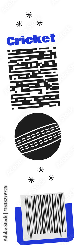 Fototapeta premium Displaying flat cricket-themed label on transparent canvas with stars, bars, barcode, cricket ball