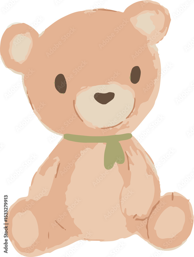 Obraz premium Cartoon-style teddy bear is sitting upright on transparent background with green scarf